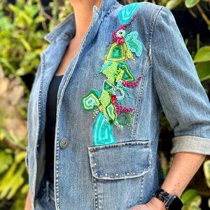 Denim Jacket with modern embrodery with beads. Unique, handmade.